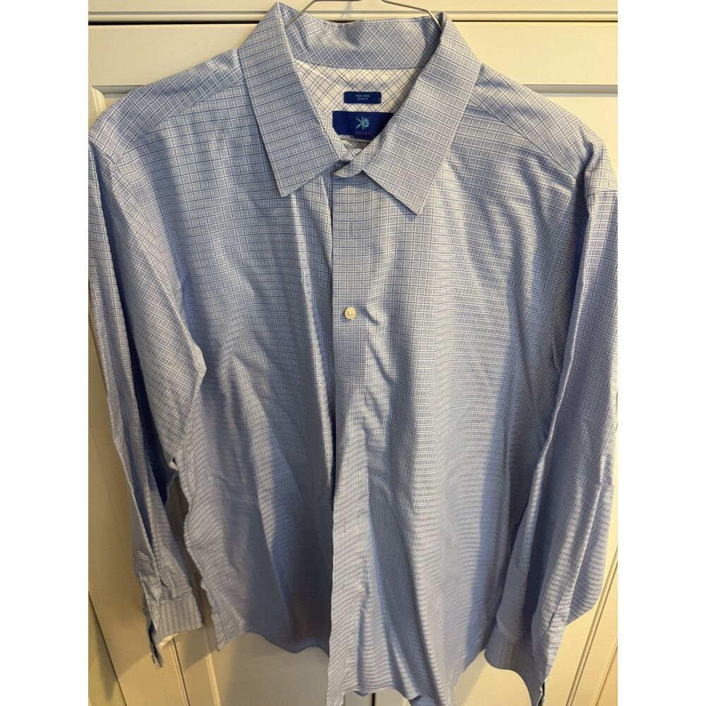 Egara Slim Fit Dress Shirt Men's 2XLT Blue White Windowpane Check 100% Cotton